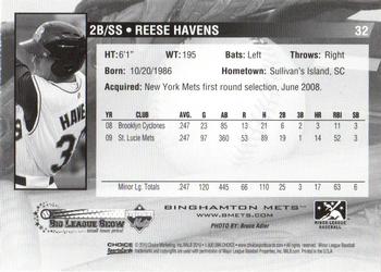 2010 Choice Binghamton Mets #32 Reese Havens Back
