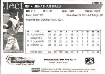 2009 Choice Binghamton Mets #14 Jonathan Malo Back