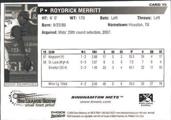 2009 Choice Binghamton Mets #15 Roy Merritt Back