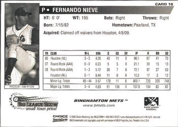 2009 Choice Binghamton Mets #16 Fernando Nieve Back