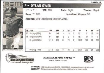 2009 Choice Binghamton Mets #17 Dylan Owen Back