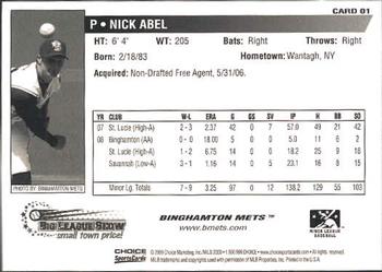 2009 Choice Binghamton Mets #1 Nick Abel Back