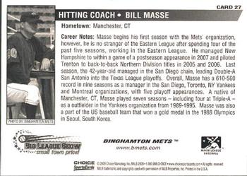 2009 Choice Binghamton Mets #27 Billy Masse Back