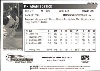 2009 Choice Binghamton Mets #4 Adam Bostick Back