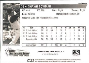 2009 Choice Binghamton Mets #5 Shawn Bowman Back