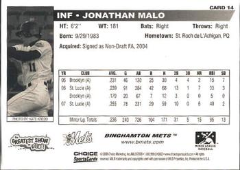 2008 Choice Binghamton Mets #14 Jonathan Malo Back