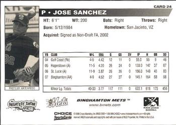 2008 Choice Binghamton Mets #24 Jose Sanchez Back