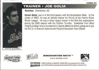 2008 Choice Binghamton Mets #27 Joseph Golia Back