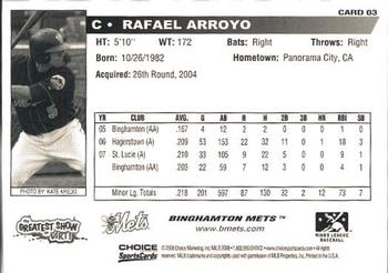 2008 Choice Binghamton Mets #3 Rafael Arroyo Back