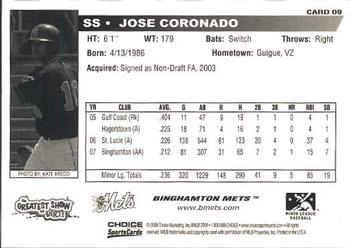 2008 Choice Binghamton Mets #9 Jose Coronado Back