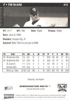 2007 Choice Binghamton Mets #12 Tim McNab Back