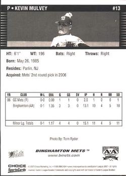 2007 Choice Binghamton Mets #13 Kevin Mulvey Back
