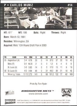 2007 Choice Binghamton Mets #14 Carlos Muniz Back