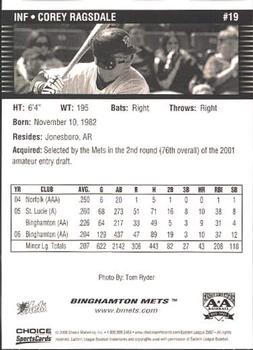 2007 Choice Binghamton Mets #19 Corey Ragsdale Back