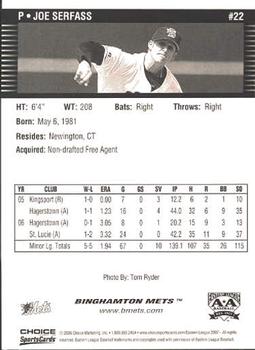 2007 Choice Binghamton Mets #22 Joe Serfass Back