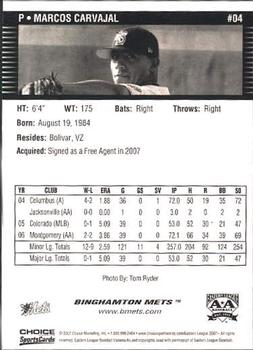 2007 Choice Binghamton Mets #4 Marcos Carvajal Back
