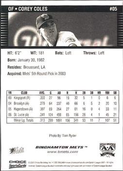 2007 Choice Binghamton Mets #5 Corey Coles Back