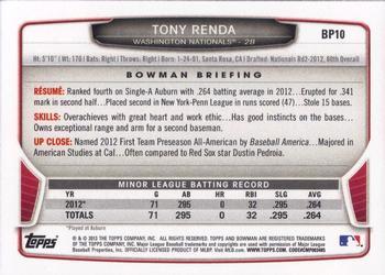 2013 Bowman - Prospects Silver Ice #BP10 Tony Renda Back