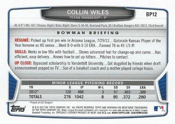 2013 Bowman - Prospects Silver Ice #BP12 Collin Wiles Back