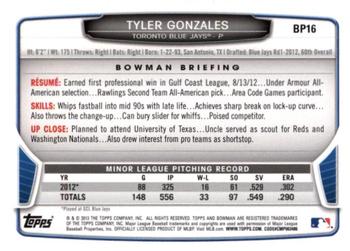 2013 Bowman - Prospects Silver Ice #BP16 Tyler Gonzales Back