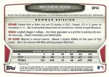 2013 Bowman - Prospects Silver Ice #BP43 Matthew Koch Back