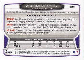 2013 Bowman - Prospects Silver Ice #BP58 Wilfredo Rodriguez Back