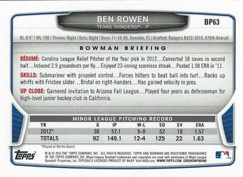 2013 Bowman - Prospects Silver Ice #BP63 Ben Rowen Back