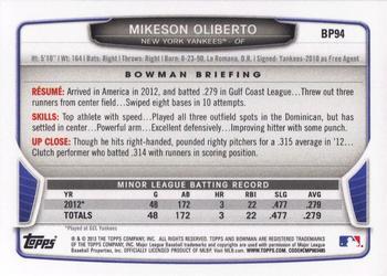 2013 Bowman - Prospects Silver Ice #BP94 Mikeson Oliberto Back