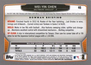 2013 Bowman - Silver Ice #46 Wei-Yin Chen Back