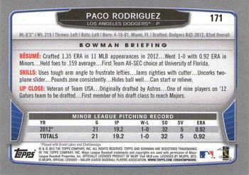 2013 Bowman - Silver Ice #171 Paco Rodriguez Back