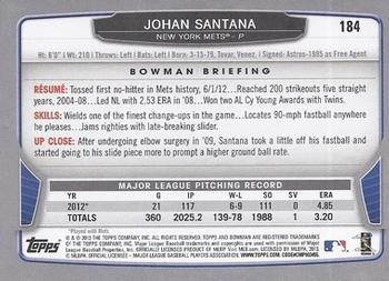 2013 Bowman - Silver Ice #184 Johan Santana Back