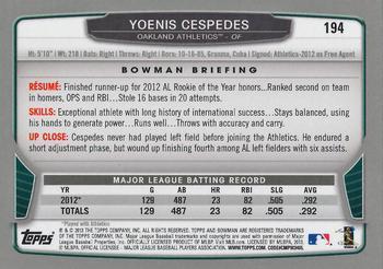 2013 Bowman - Silver Ice #194 Yoenis Cespedes Back
