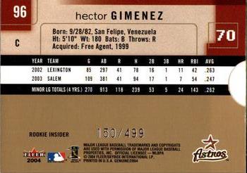 2004 Fleer Genuine Insider #96 Hector Gimenez Back