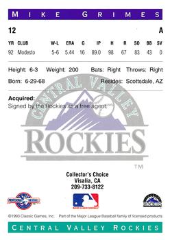 1993 Classic Best Central Valley Rockies #12 Mike Grimes Back