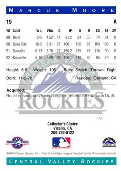 1993 Classic Best Central Valley Rockies #19 Marcus Moore Back