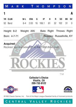 1993 Classic Best Central Valley Rockies #1 Mark Thompson Back