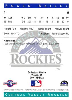1993 Classic Best Central Valley Rockies #4 Roger Bailey Back