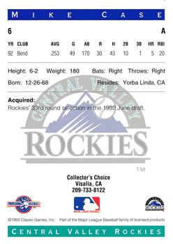 1993 Classic Best Central Valley Rockies #6 Mike Case Back