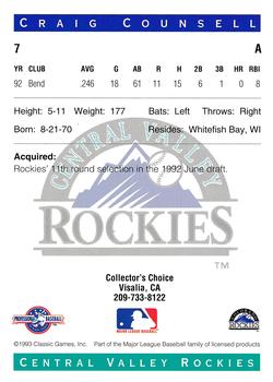 1993 Classic Best Central Valley Rockies #7 Craig Counsell Back