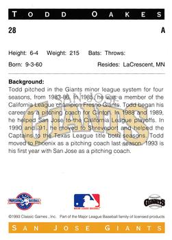 1993 Classic Best San Jose Giants #28 Todd Oakes Back
