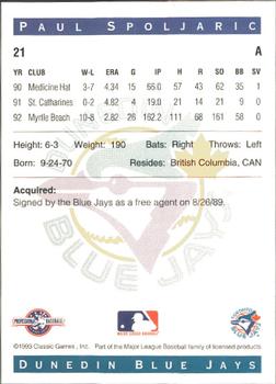 1993 Classic Best Dunedin Blue Jays #21 Paul Spoljaric Back