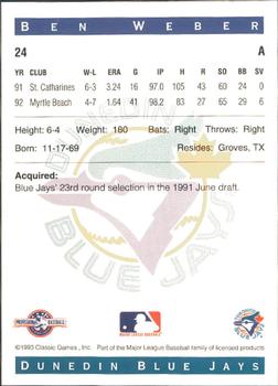 1993 Classic Best Dunedin Blue Jays #24 Ben Weber Back