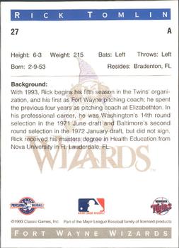 1993 Classic Best Fort Wayne Wizards #27 Rick Tomlin Back