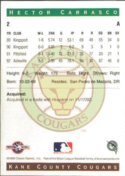 1993 Classic Best Kane County Cougars #2 Hector Carrasco Back