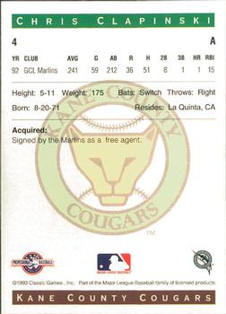 1993 Classic Best Kane County Cougars #4 Chris Clapinski Back