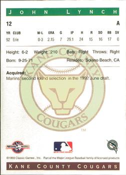 1993 Classic Best Kane County Cougars #12 John Lynch Back