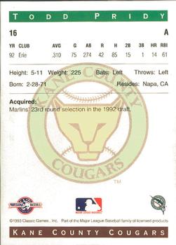 1993 Classic Best Kane County Cougars #16 Todd Pridy Back