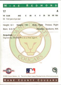 1993 Classic Best Kane County Cougars #17 Mike Redmond Back