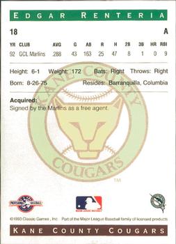 1993 Classic Best Kane County Cougars #18 Edgar Renteria Back