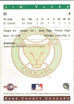 1993 Classic Best Kane County Cougars #22 Jim Vlcek Back